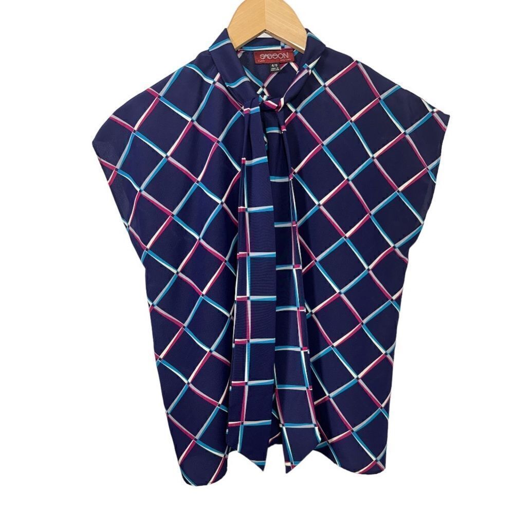 VINTAGE SASSON Women’s Geometric Print Tie Neck Polyester Blouse Blue Size 4/5